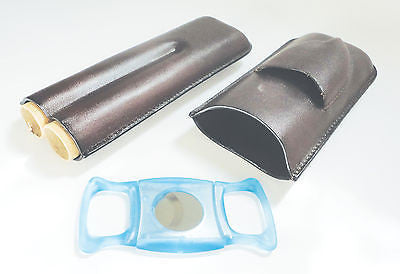 Legendex leather cigar case 2 corona brown w/cigar cutter blue 05-04-530