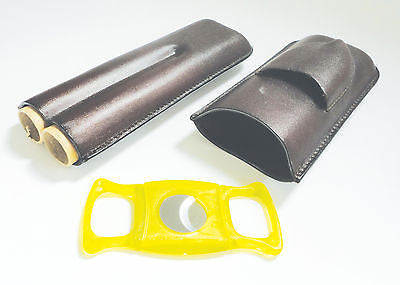 Legendex leather cigar case 2 corona BR w/cigar cutter yellow 05-04-510