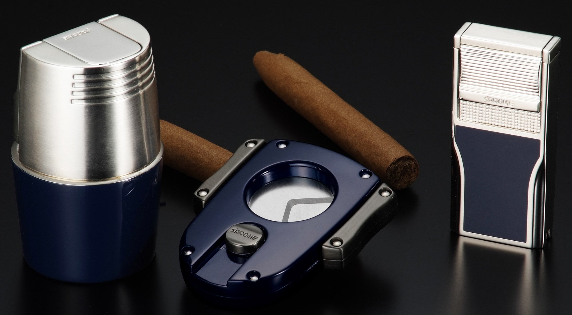 Sarome Flat Triple Torch Cigar Cigarette TABLE Lighter T3BM1-03 Silver/ Blue