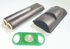 Legendex leather cigar case 2 corona BR w/cigar cutter green 05-04-410