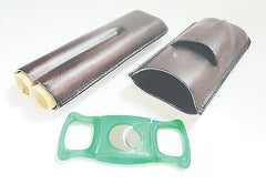 Legendex leather cigar case 2 corona brown w/cigar cutter green 05-04-500