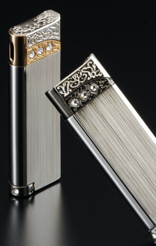 Sarome Piezo Electronic Lighter SK98-02 Silver hairline/Black nickel/Crystal decoration